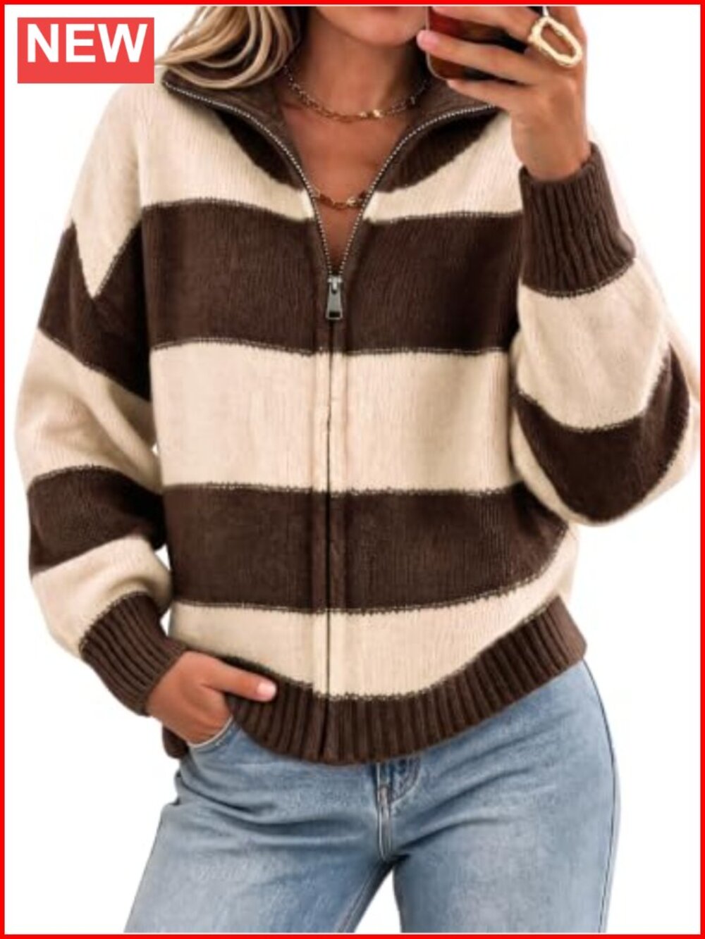 Striped Color Block Zip Up Cardigan High Neck Drop Shoulder Knit Sweater